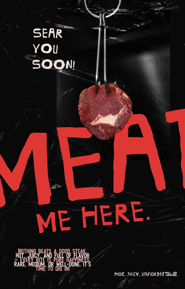 Sear you soon. Meat me here — a single patty hung against black