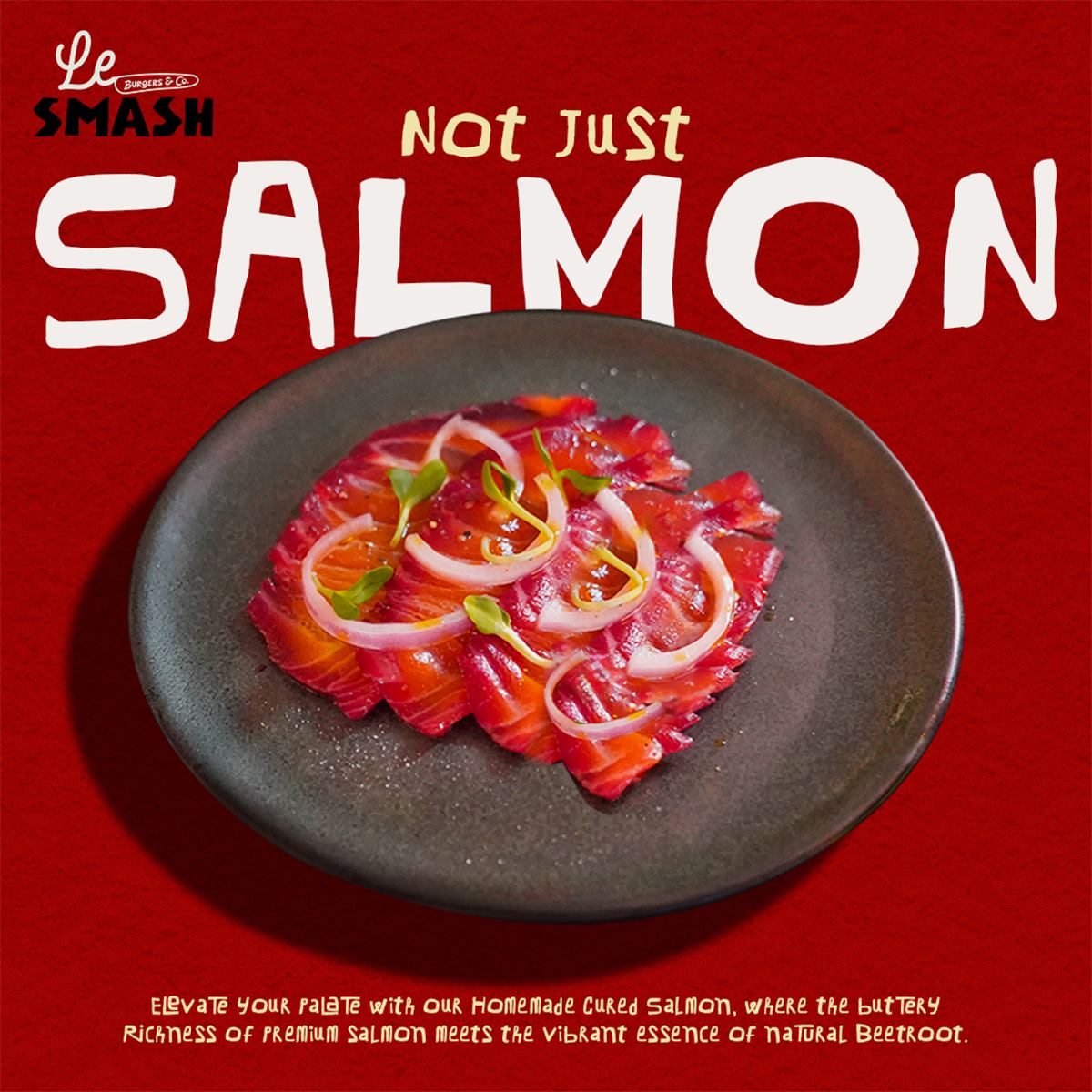 Not just salmon — cured salmon plated on dark ceramic