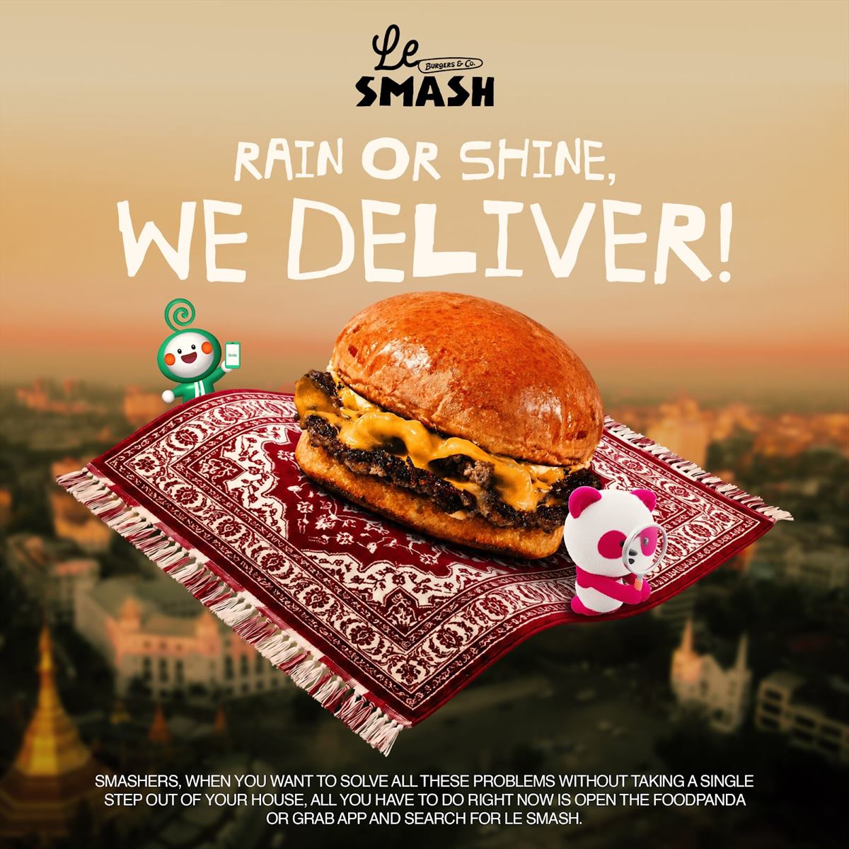 Rain or shine, we deliver — a burger over a Yangon skyline