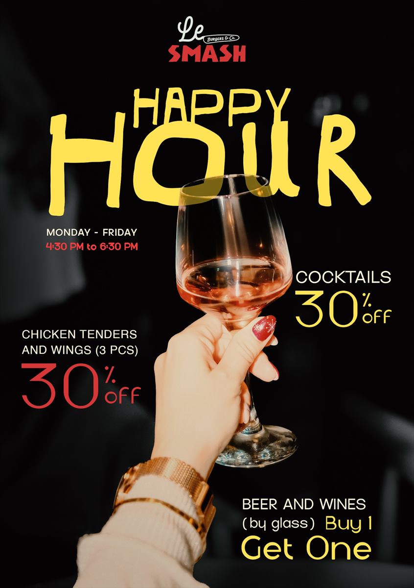 Happy hour, Monday to Friday — a glass raised against black