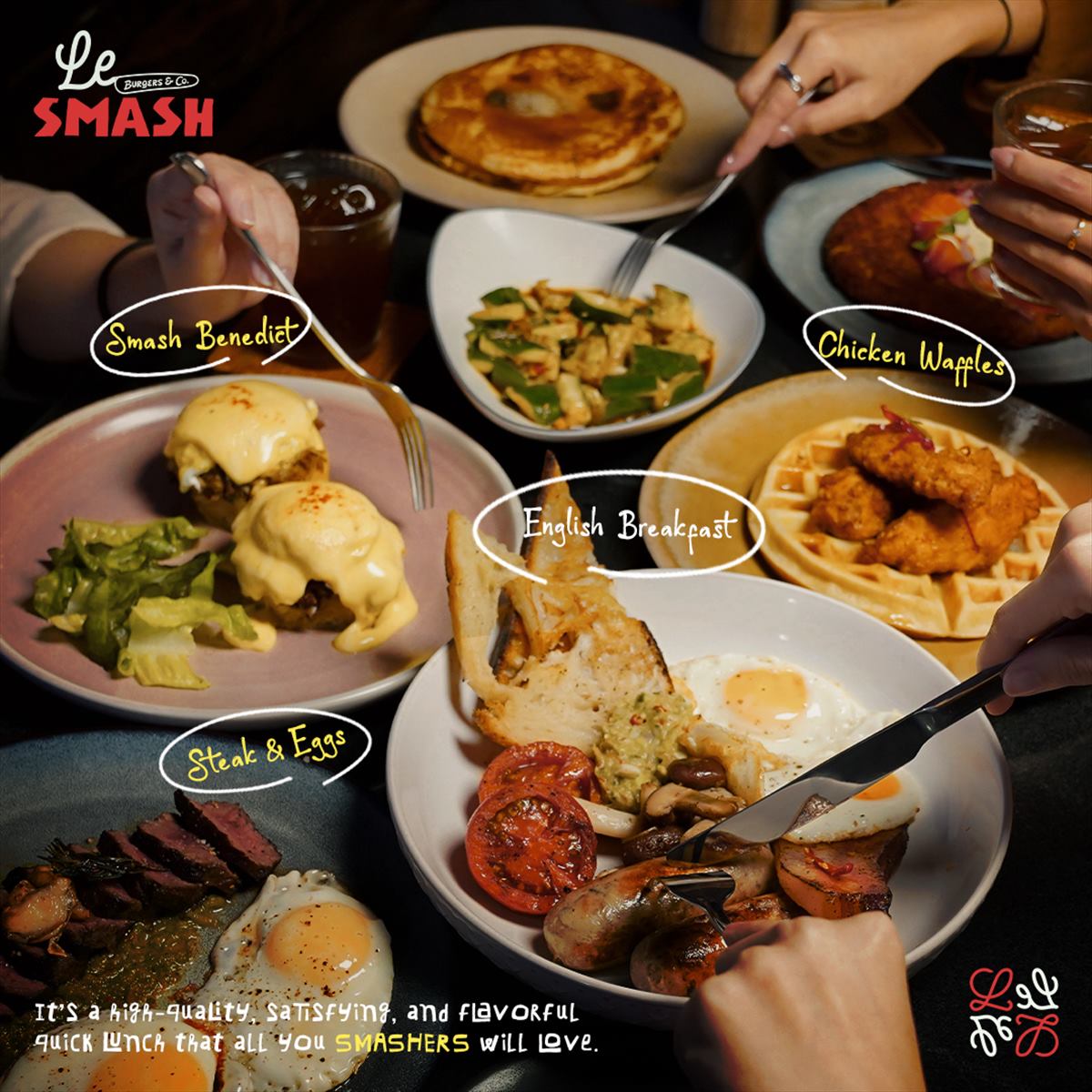 A busy day, with each brunch dish on the table labelled
