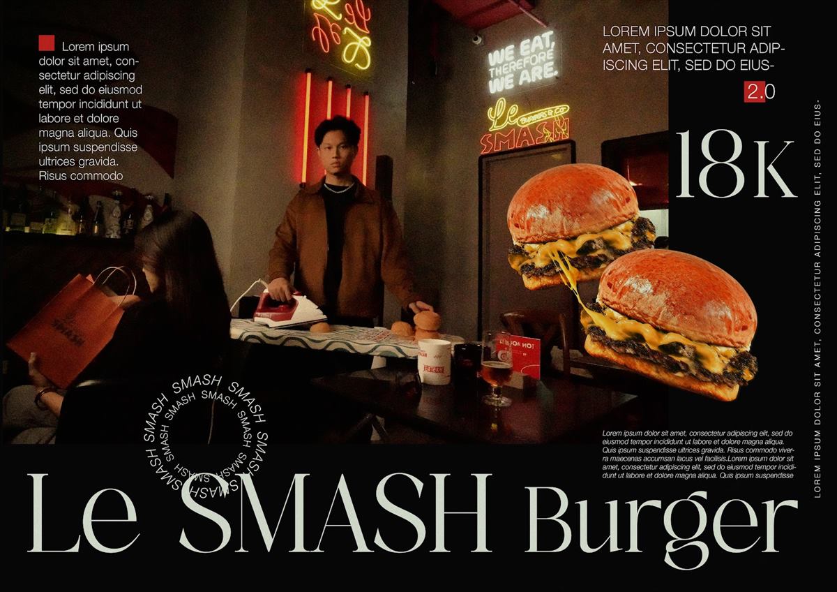 An editorial spread for the Le SMASH Burger