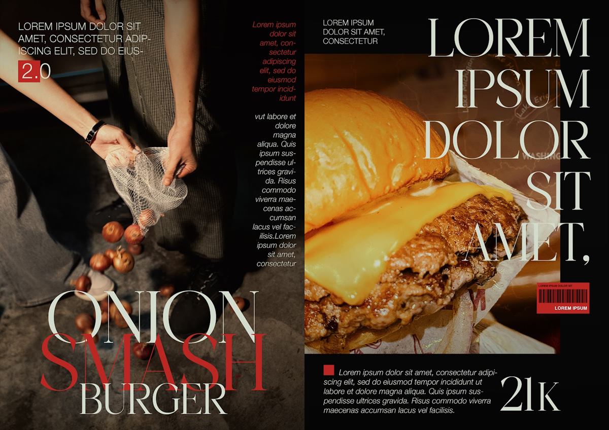 An editorial spread for the Onion Smash Burger