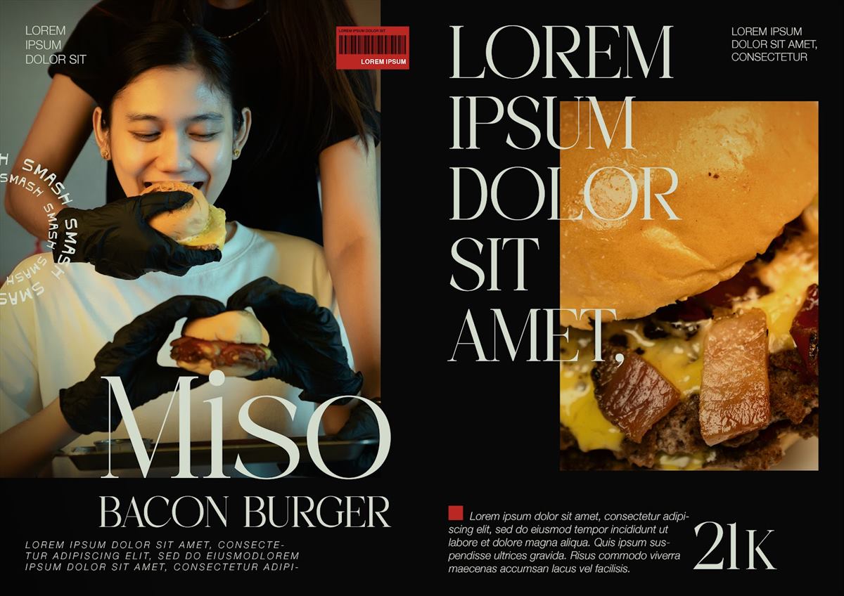 An editorial spread for the Miso Bacon Burger