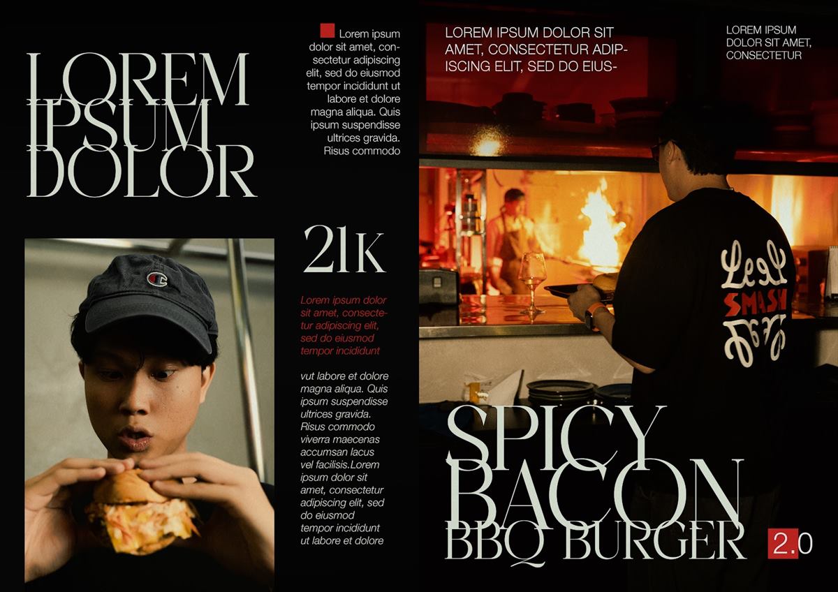 An editorial spread for the Spicy Bacon BBQ Burger