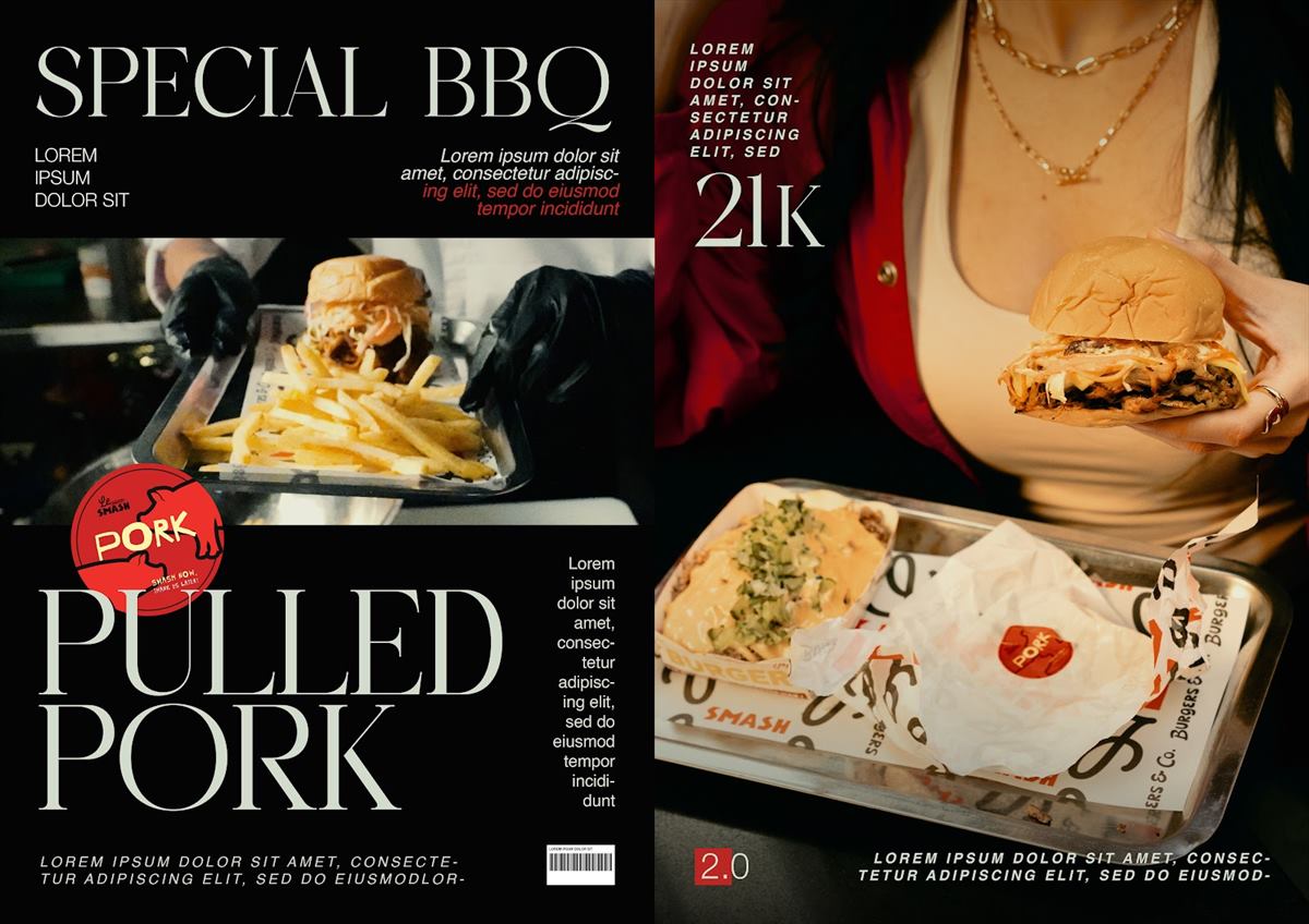 An editorial spread for the Pulled Pork Burger