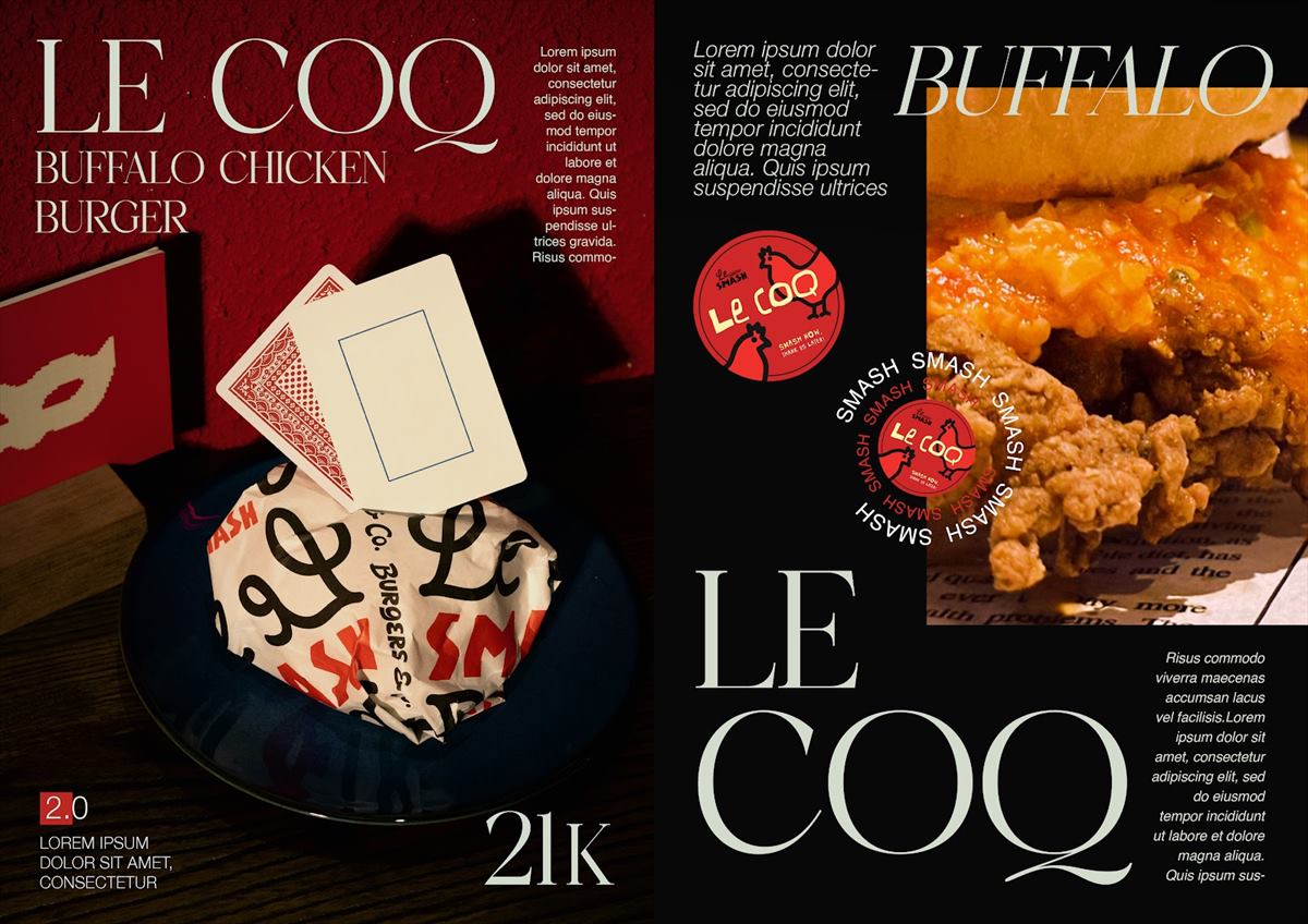 An editorial spread for the Le COQ Buffalo Chicken Burger