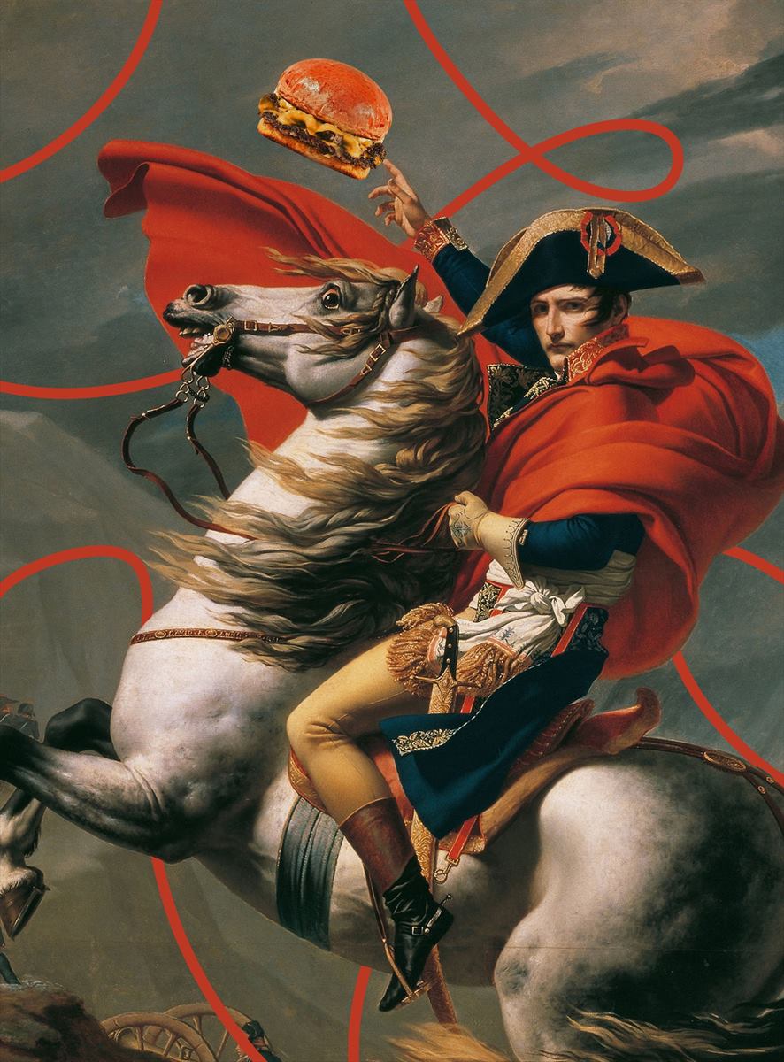 Napoleon crossing the Alps, holding a burger
