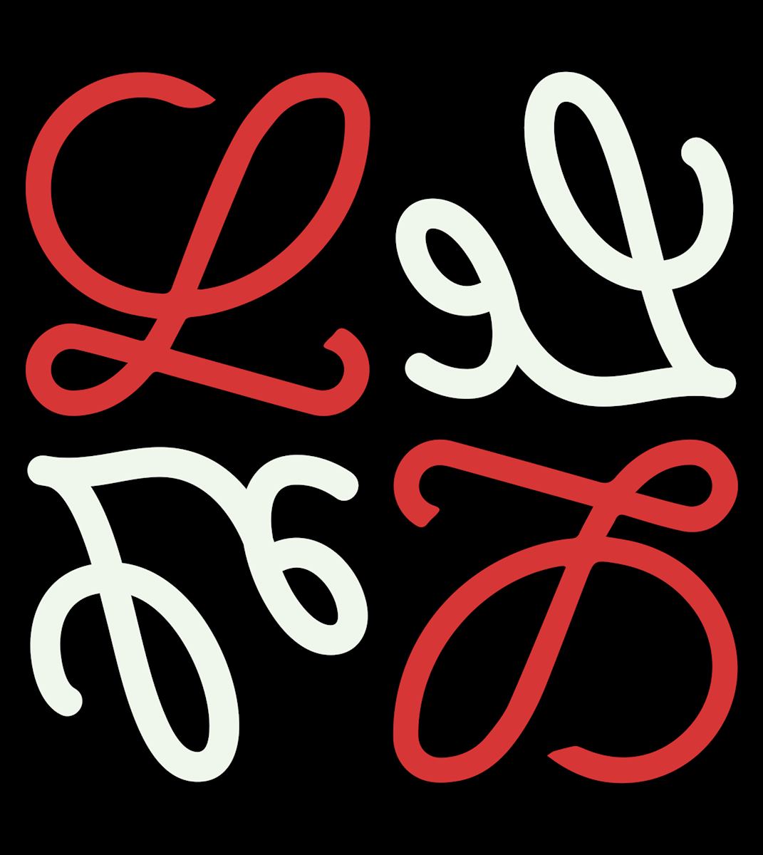 The Le monogram in red and cream outline on black