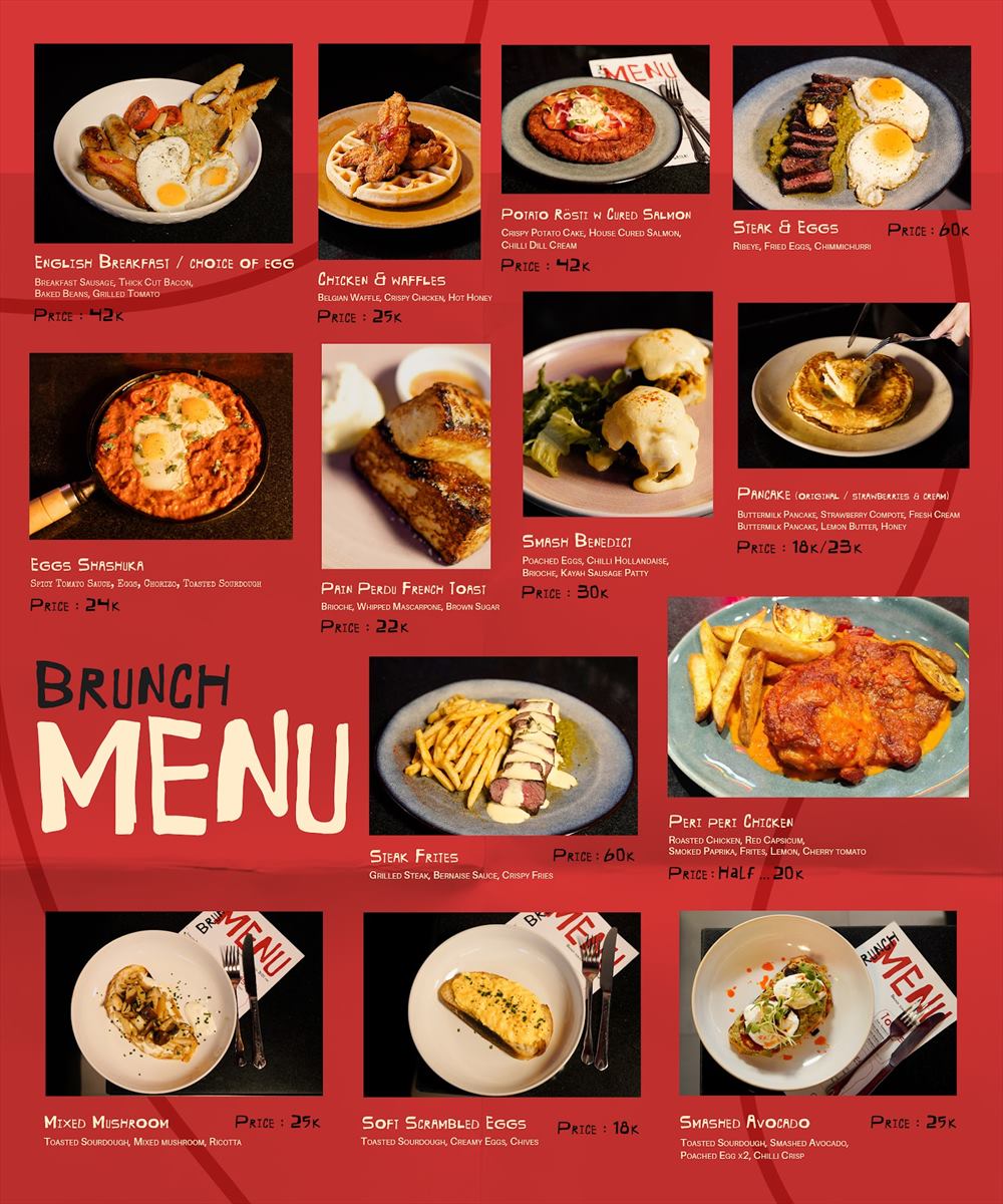 The brunch menu board, every dish photographed